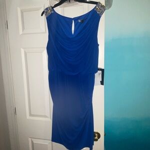 JS Boutique Blue Ruched Cowl Neck Sheath Midi Dress
